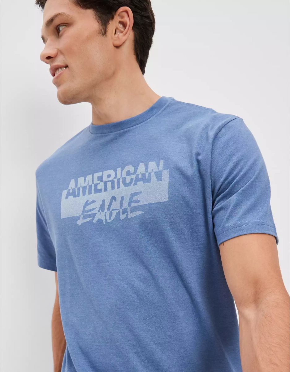 T Shirt Graphique American Eagle AE Super Soft Logo Bleu Homme | MUD-93166217